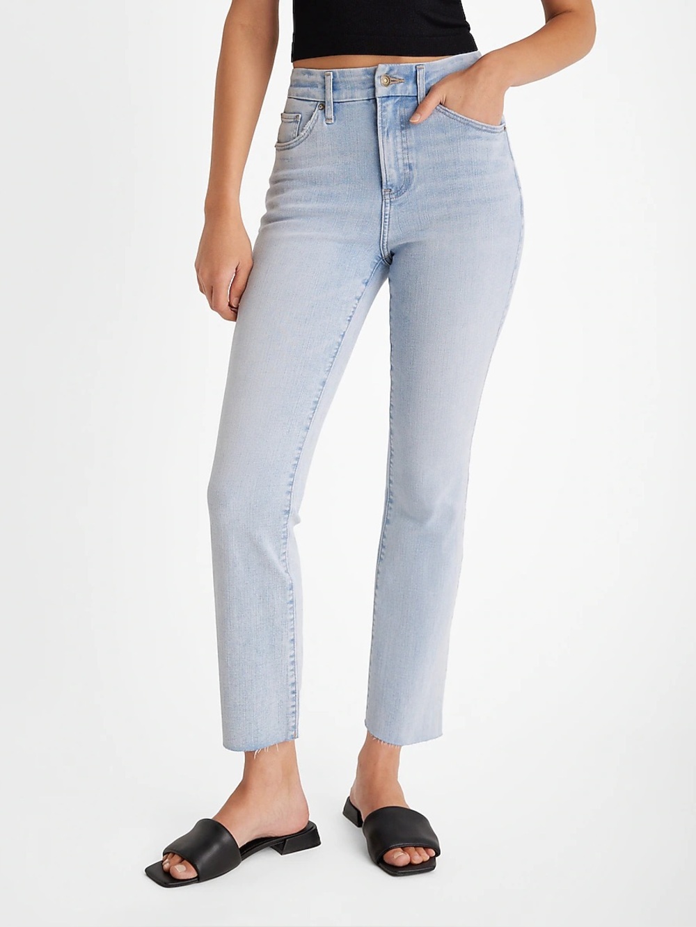 High Waisted Light Wash Raw Hem FlexX Cropped Flare Jeans